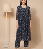 Navy Blue Floral Printed Empire Silk Georgette A-Line Kurta With Trouser