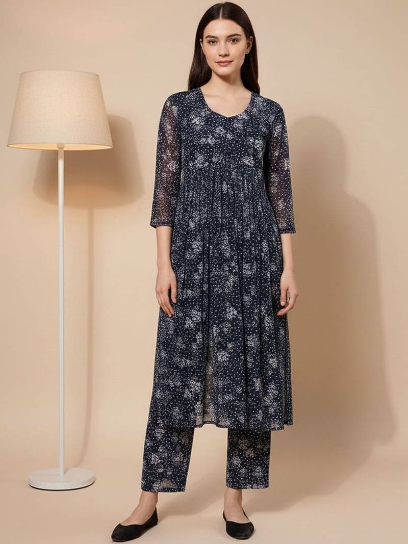 Navy Blue Floral Printed Empire Silk Georgette A-Line Kurta With Trouser