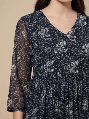 Navy Blue Floral Printed Empire Silk Georgette A-Line Kurta With Trouser 2