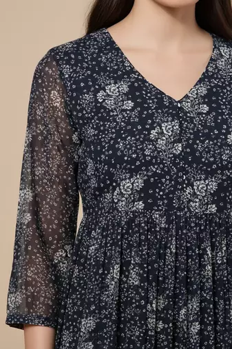 Navy Blue Floral Printed Empire Silk Georgette A-Line Kurta With Trouser