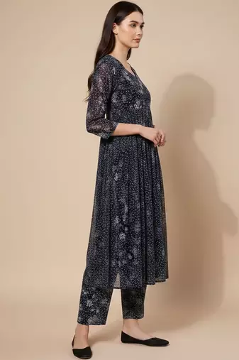 Navy Blue Floral Printed Empire Silk Georgette A-Line Kurta With Trouser