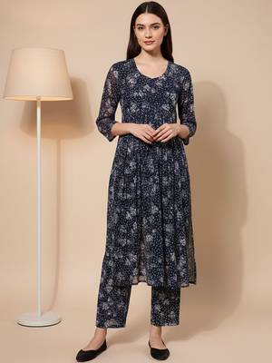 Navy Blue Floral Printed Empire Silk Georgette A-Line Kurta With Trouser 4