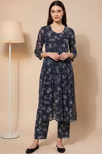Navy Blue Floral Printed Empire Silk Georgette A-Line Kurta With Trouser