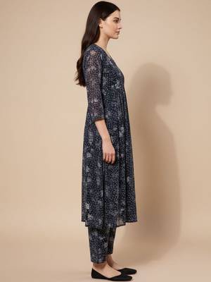 Navy Blue Floral Printed Empire Silk Georgette A-Line Kurta With Trouser 5