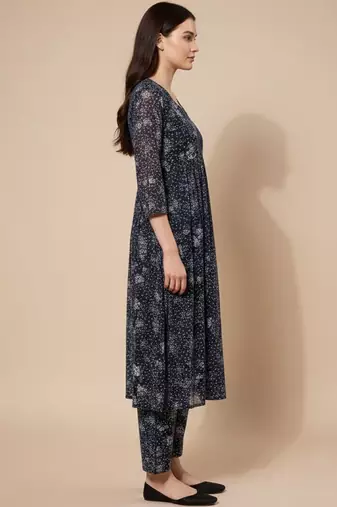 Navy Blue Floral Printed Empire Silk Georgette A-Line Kurta With Trouser