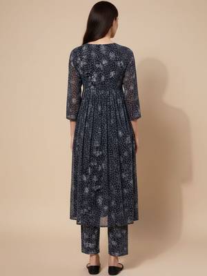 Navy Blue Floral Printed Empire Silk Georgette A-Line Kurta With Trouser 6