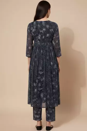 Navy Blue Floral Printed Empire Silk Georgette A-Line Kurta With Trouser