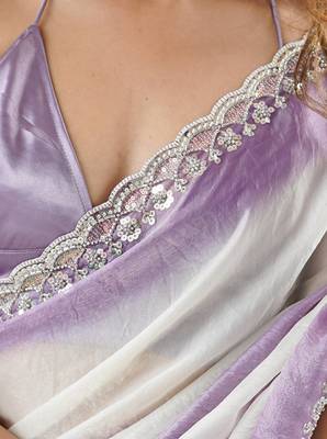 Lilac tissue satin embellished saree with unstitched blouse piece. 4