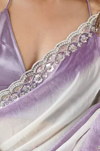 Lilac tissue satin embellished saree with unstitched blouse piece.
