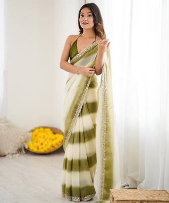 Olive tissue satin embellished saree with unstitched blouse piece. 2