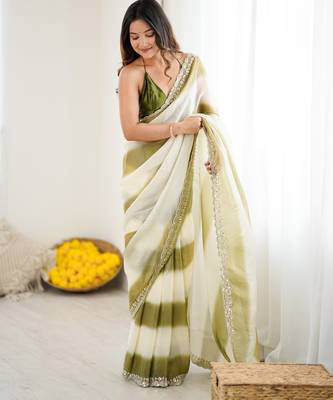 Olive tissue satin embellished saree with unstitched blouse piece. 3