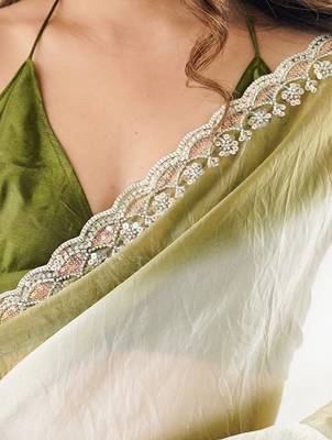Olive tissue satin embellished saree with unstitched blouse piece. 4
