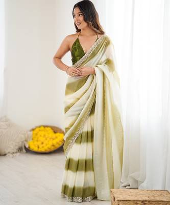 Olive tissue satin embellished saree with unstitched blouse piece. 5
