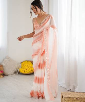 Peach tissue satin embellished saree with unstitched blouse piece. 3