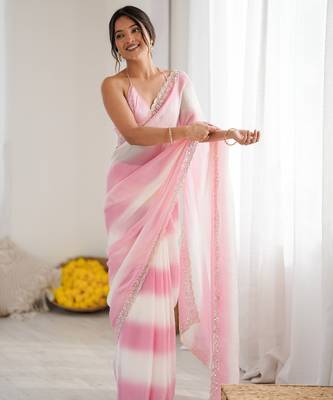 Pink tissue satin embellished saree with unstitched blouse piece. 2