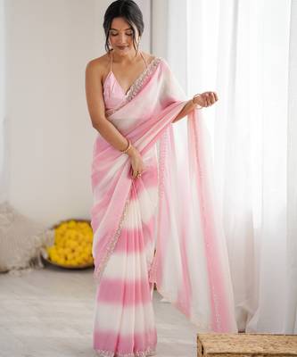 Pink tissue satin embellished saree with unstitched blouse piece. 3