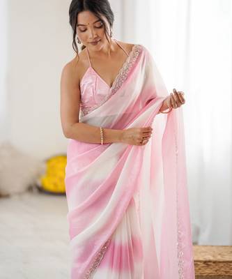 Pink tissue satin embellished saree with unstitched blouse piece. 5