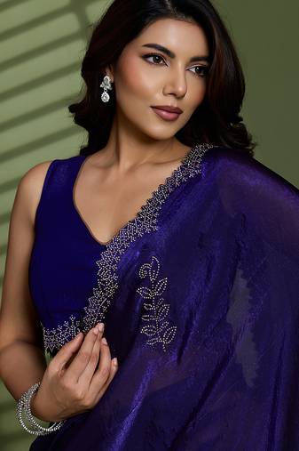 Purple tissue satin embellished saree with unstitched blouse piece.
