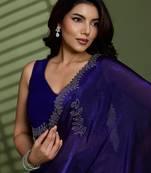 Purple tissue satin embellished saree with unstitched blouse piece.