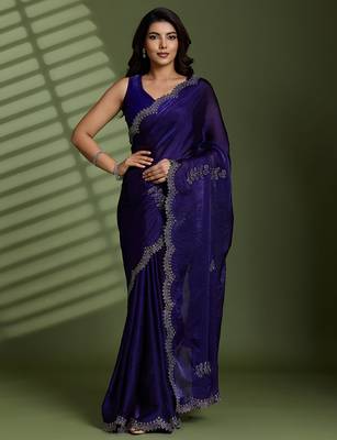 Purple tissue satin embellished saree with unstitched blouse piece. 2
