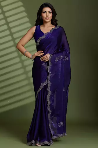 Purple tissue satin embellished saree with unstitched blouse piece.