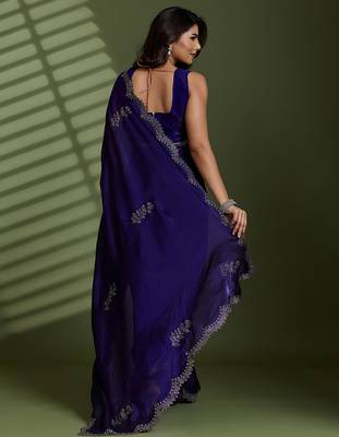 Purple tissue satin embellished saree with unstitched blouse piece. 3
