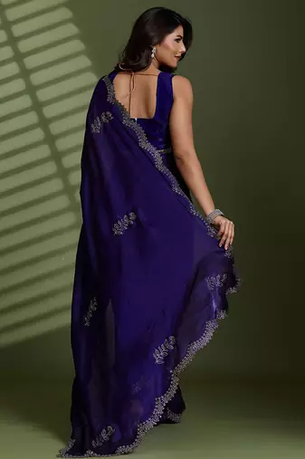 Purple tissue satin embellished saree with unstitched blouse piece.