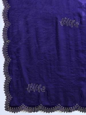 Purple tissue satin embellished saree with unstitched blouse piece. 4