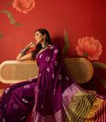 Purple silk cotton bandhni printed saree with unstitched blouse piece.