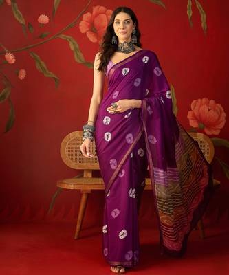 Purple silk cotton bandhni printed saree with unstitched blouse piece. 2
