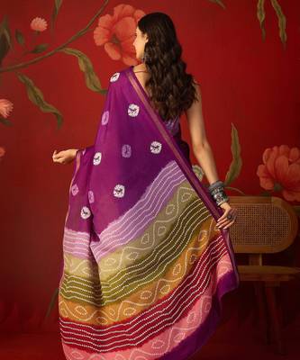 Purple silk cotton bandhni printed saree with unstitched blouse piece. 3