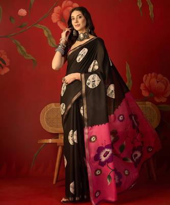 Black silk cotton bandhni printed saree with unstitched blouse piece. 2