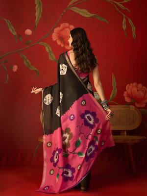 Black silk cotton bandhni printed saree with unstitched blouse piece. 3