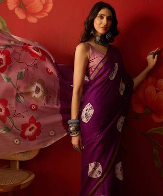 Purple silk cotton bandhni printed saree with unstitched blouse piece. 1