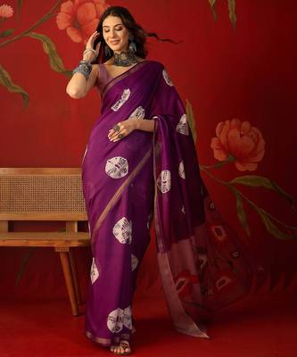 Purple silk cotton bandhni printed saree with unstitched blouse piece. 2