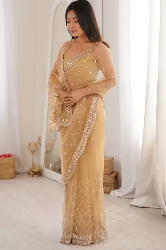 Chiku net embellished saree with unstitched blouse piece.