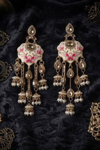 White color meenakari kundan earrings beautiful festive ethnic appeal