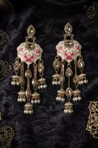 White color meenakari kundan earrings beautiful festive ethnic appeal