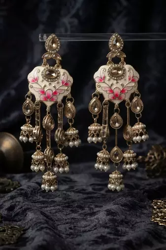 White color meenakari kundan earrings beautiful festive ethnic appeal