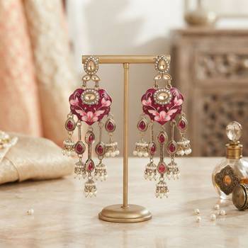 Rani color meenakari kundan earrings royal traditional handmade finish 1