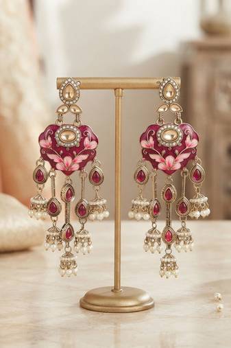 Rani color meenakari kundan earrings royal traditional handmade finish
