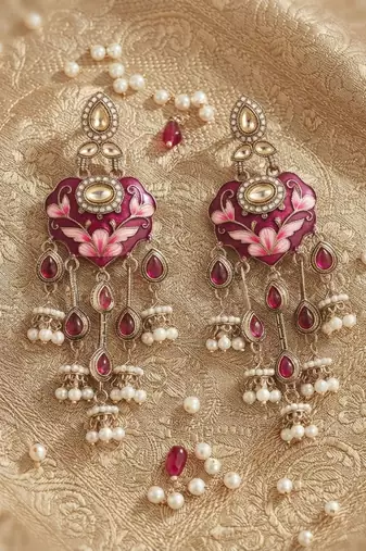 Rani color meenakari kundan earrings royal traditional handmade finish