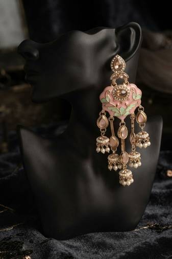 Light pink & pista green color meenakari kundan earrings elegant ethnic design