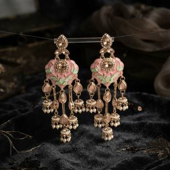 Light pink & pista green color meenakari kundan earrings elegant ethnic design 2