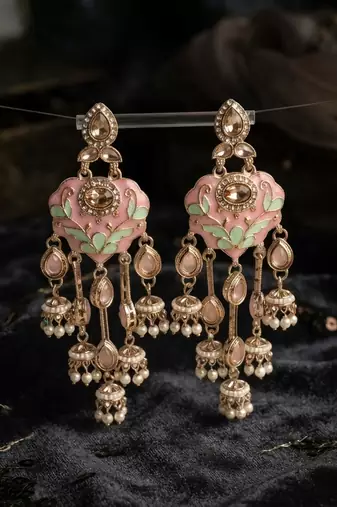Light pink & pista green color meenakari kundan earrings elegant ethnic design