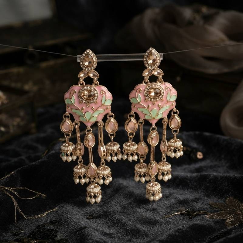 Light pink & pista green color meenakari kundan earrings elegant ethnic design