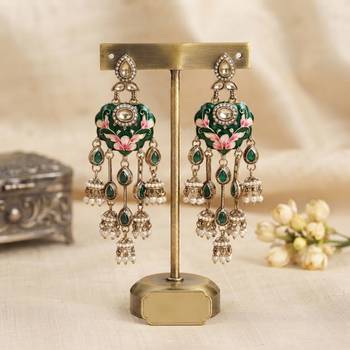 Green color meenakari kundan earrings premium festive designer appeal 1