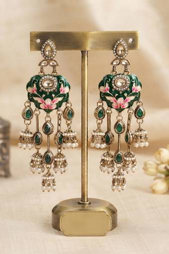 Green color meenakari kundan earrings premium festive designer appeal