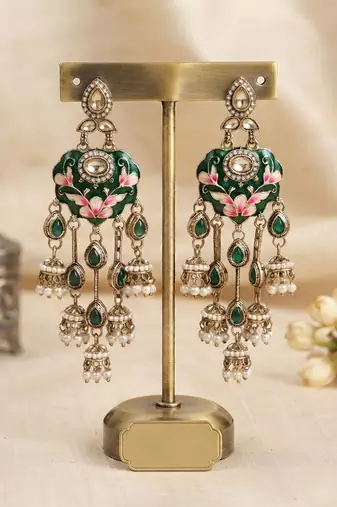 Green color meenakari kundan earrings premium festive designer appeal