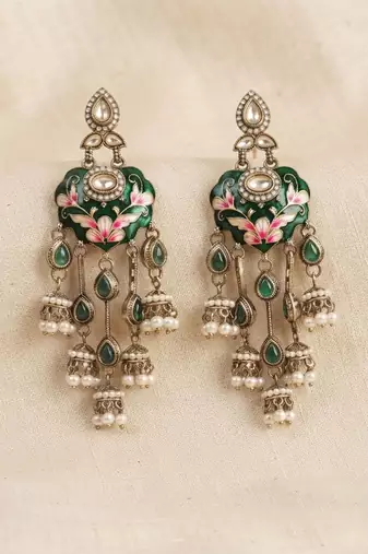 Green color meenakari kundan earrings premium festive designer appeal